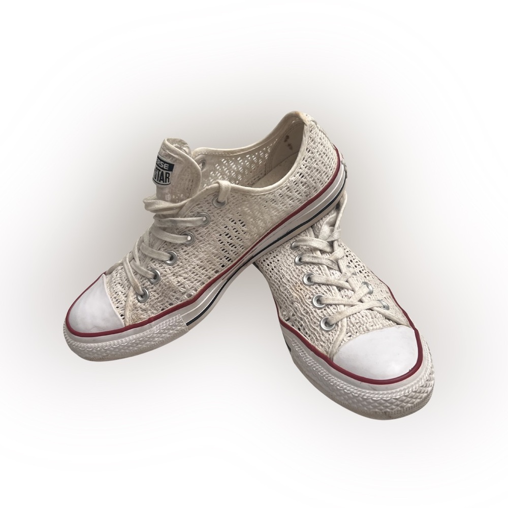 Women’s Converse Low Top Crochet Sneakers - Cream with Red Trim 551541F Size 9